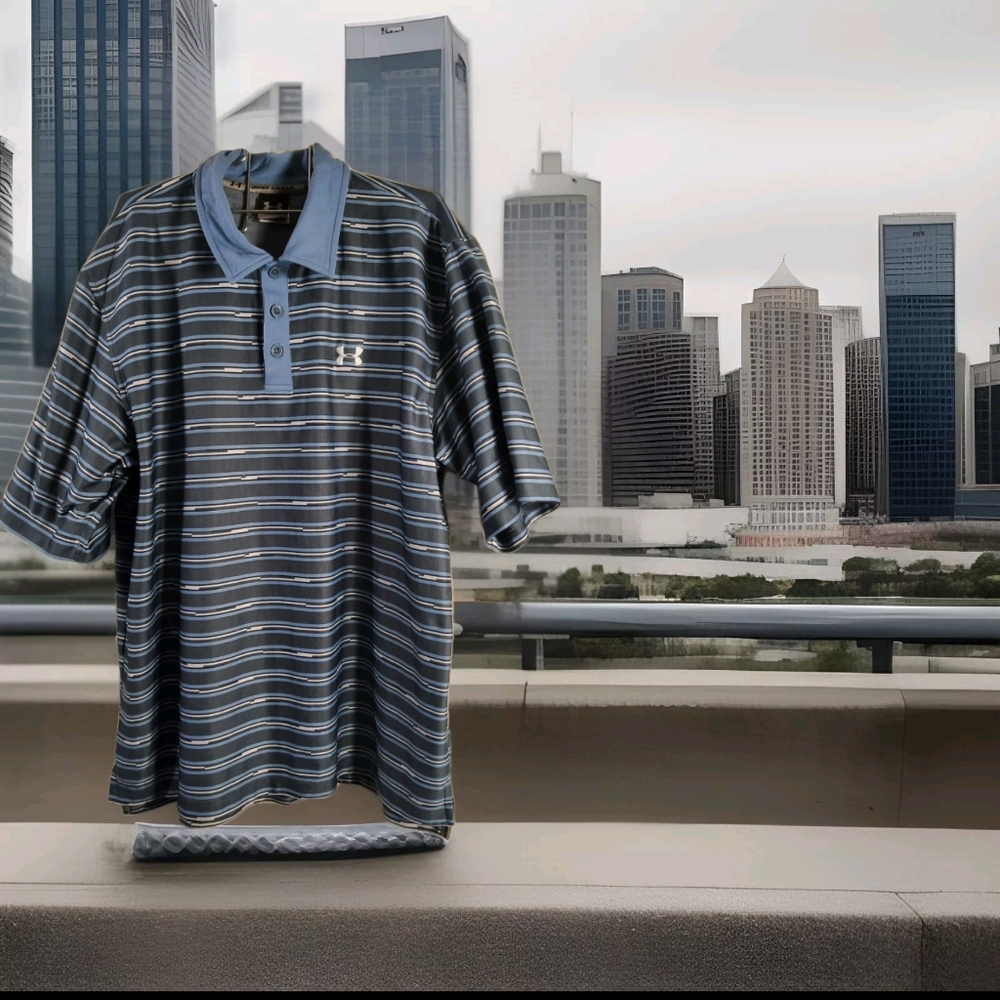 UNDER ARMOUR Polo Shirt Mens  Golf Striped Blue Gray * Size LG